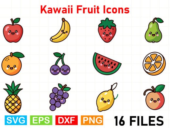 Kawaii Fruit Icons: A Versatile Graphics and Illustrations Asset