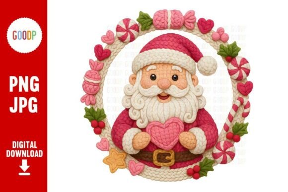 Pink Crochet Santa Heart Wreath: A Festive Embroidery Delight